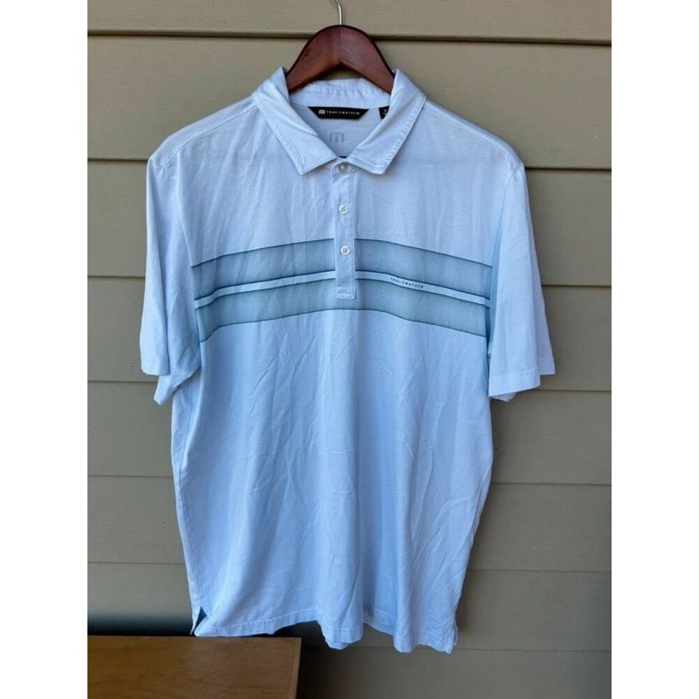 TravisMathew Men’s Size XL White Blue Striped Golf Polo Shirt Short Sleeve